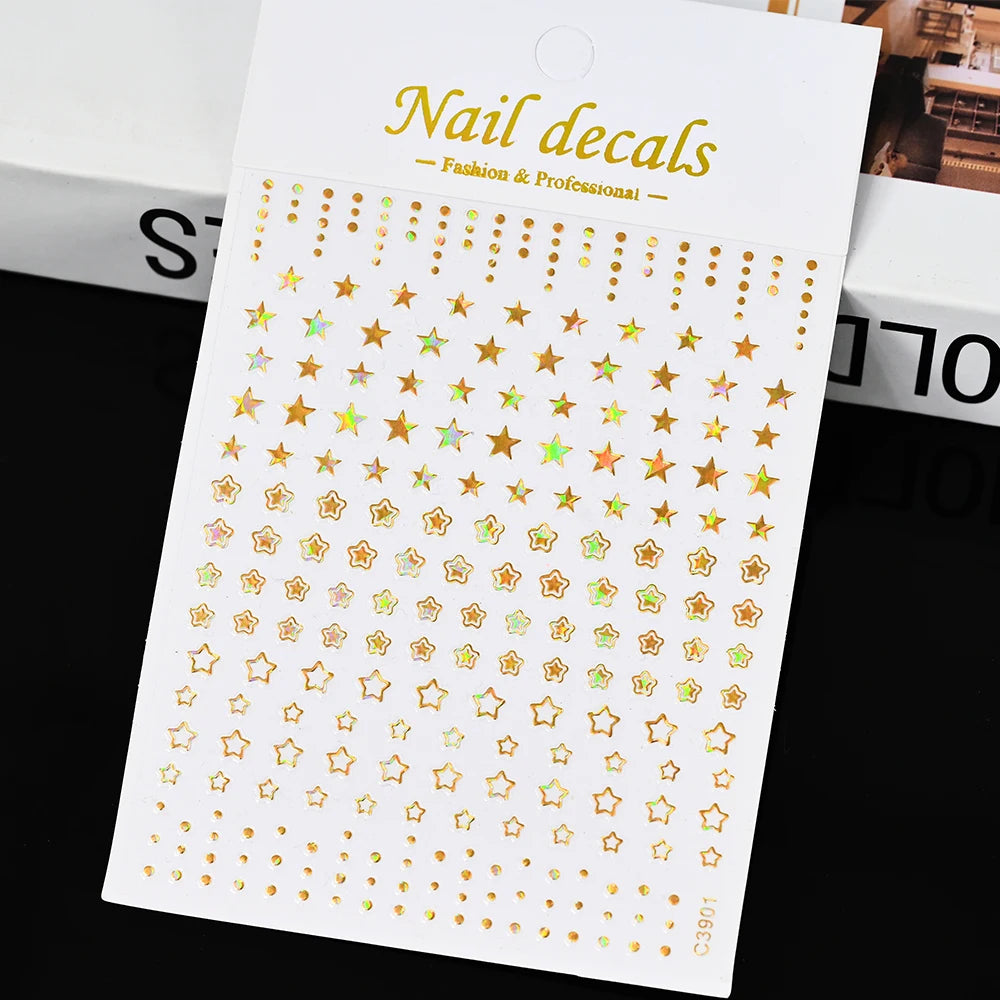 3D Gold Silver Star Nail Art Stickers Black White Crescent Moon Decals Self Adhesive Slider Polish Stickers Manicure Decoration