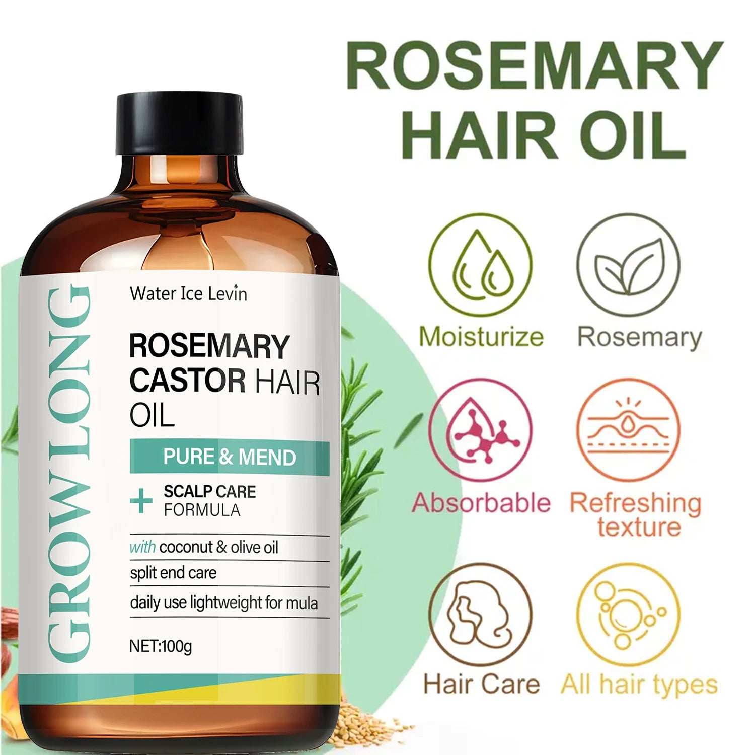 Rosemary Castor Hair Oil - Scalp Care & Split End Repair, Coconut Olive Oil Lightweight Blend, Winter Therapy
