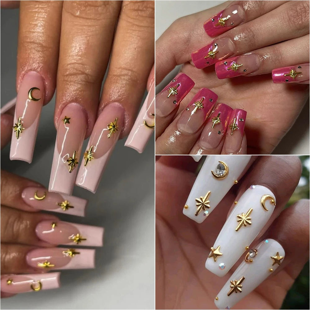 1000Pcs-12grids 3D Gold Silver Star/Cross Nail Rivet Studs Alloy Metallic Starlight Nail Charms Y2K 3d Cross/Star Manicure Rivet