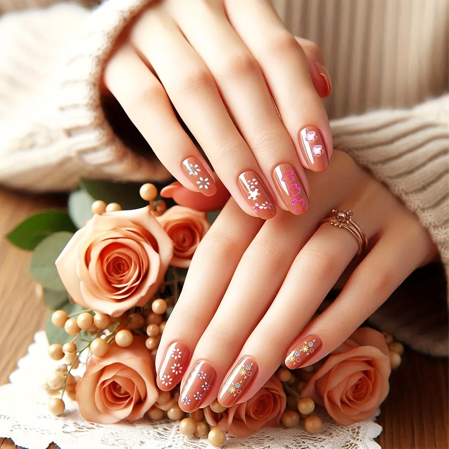 30pcs (Choose Quantity) Glossy Nail Stickers - Self-Adhesive, Floral, Pastel & Bright Colors - Permanent Decoration for Nails