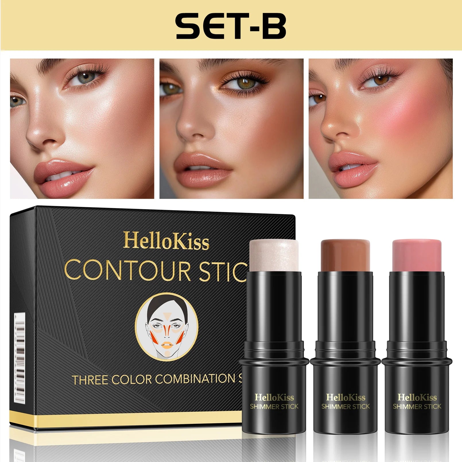 1 Set of 3 Contour Sticks, Highlighter Stick, Blush Stick, 3-Piece Cream Contour Set Including Contour Brush, Creates Facial Contours, Non-Greasy
