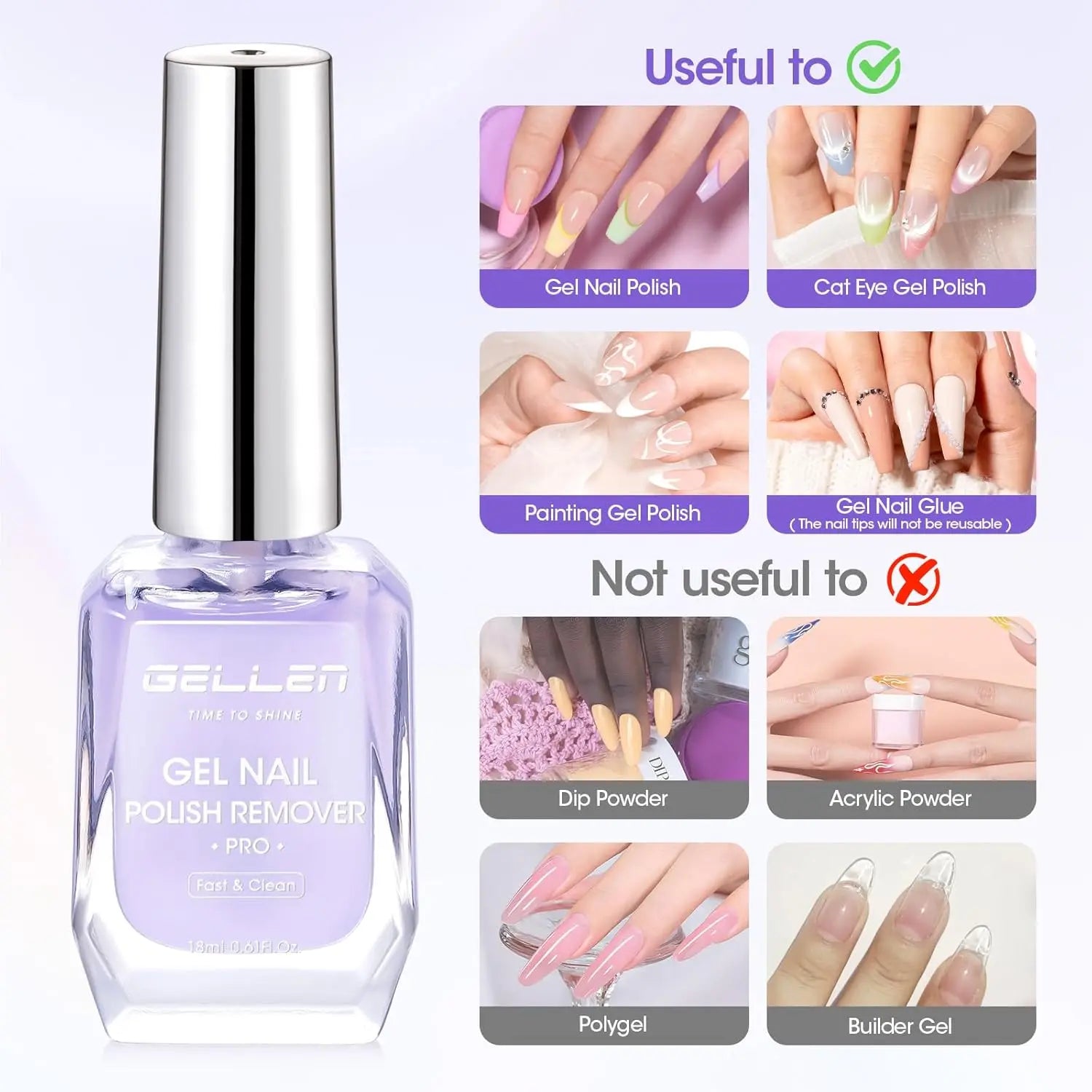 GELLEN Gel Nail Polish Remover 18ml 2pcs UV Gel Polish Remover Fast Gentle Remove No Foil No Soak Quick Easy Manicure Care
