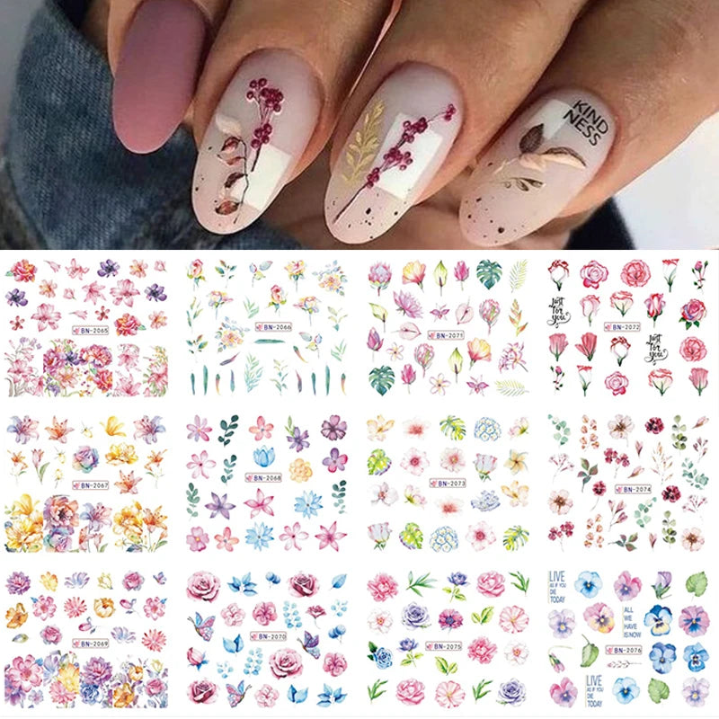 Nail Water Decals Geometric Color Block Line Leaf Flowers Nail Slider Stickers Summer Fruit For Manicure Nail Watermarks Decor