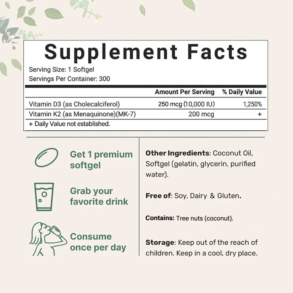 Vitamin D3 K2 10000 IU 300 Coconut Oil Softgels, 2 in 1 Vitamins Supplement D & K (MK7) Supports Calcium Absorption, Bone Health