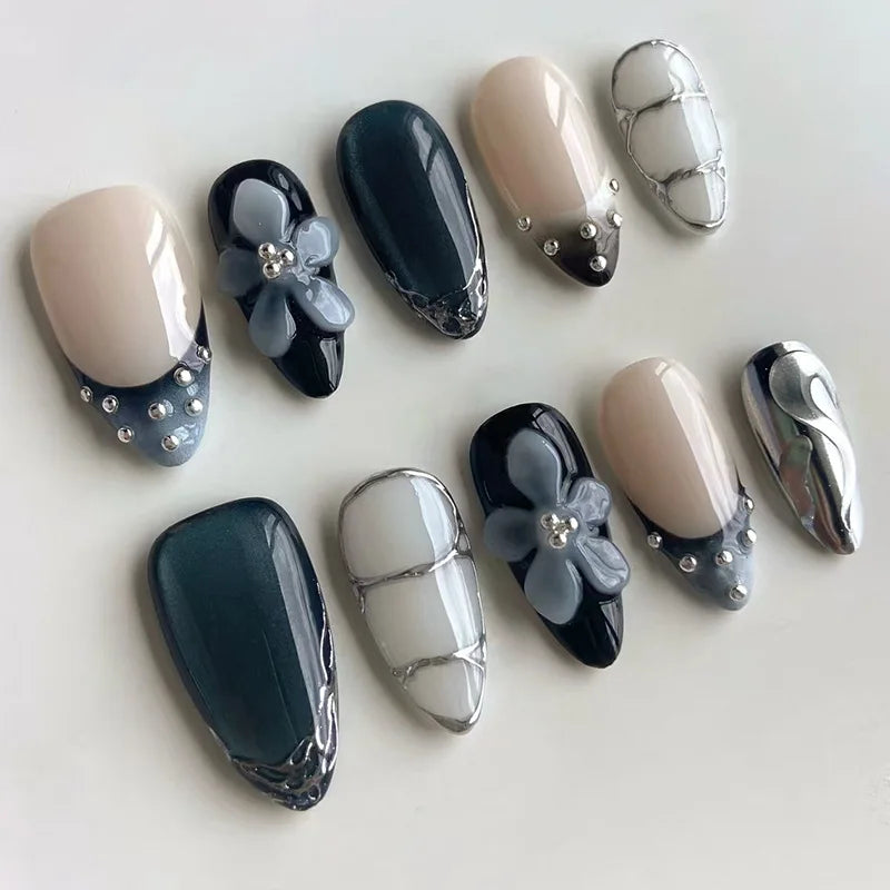 24Pcs Black Y2k Long False Nails with Almond Head Design Cat's Eye Silver Stripe Pattern Press on Fake Nails Wearable Nail Tips