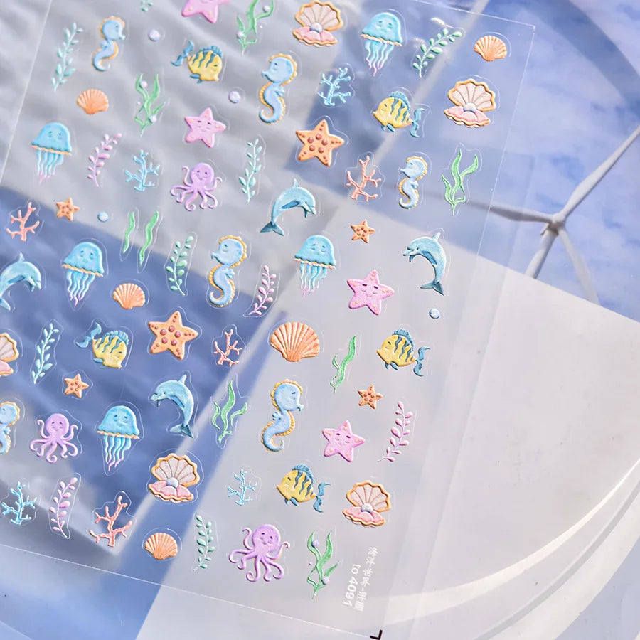 1pcs Cute A bag of Starfish Nail Charm Stickers 3D Jelly Ocean Fish Bubble Adhesive Nail Sticker DIY Summer Nail Art Decorations