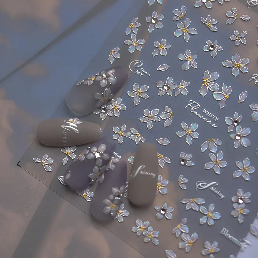 Elegant Flowers Nail Art Stickers 5D Crystal Diamond Nails Decorations Stickers Tassel White Pear Blossom DlY Autumn Nail Decals