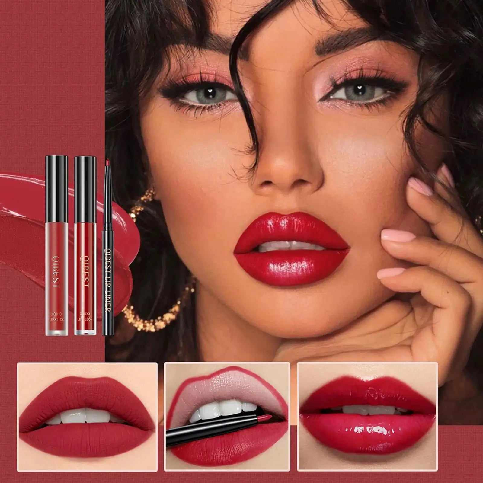 3 in 1 Lipstick and Lipliner Set, Long Lasting Waterproof Lip Stain Liquid Lipgloss Set for Women Halloween Gothic Makeup