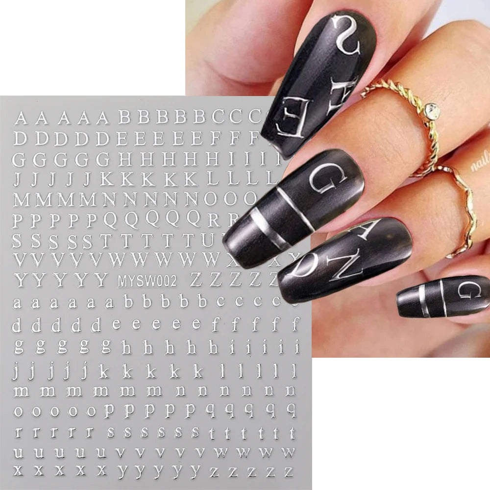 1Pc 3D Roman Letter Nail Stickers Gold/Silver/Black/Laser Alphabet Self Adhesive Decal Y2K English Words/Number Manicure Sliders