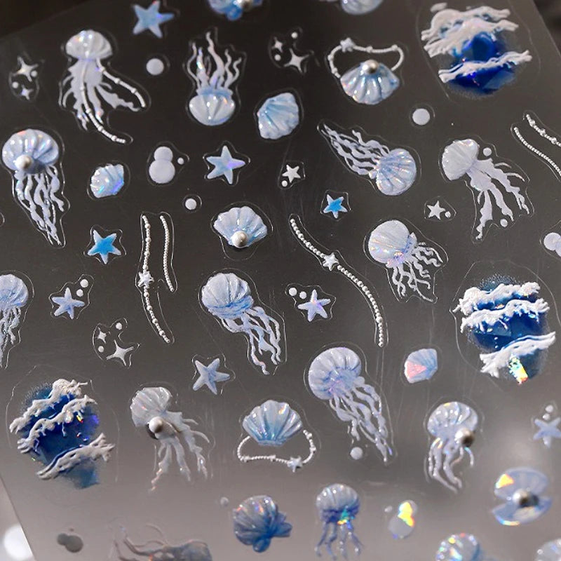 Sea Wave Jellyfish Starfish Conch Shell Dolphin Pearl Summer Beach Goldfish Water Bubble Mermaid Koi INS Nail Art Stickers Decal