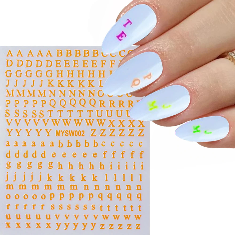 1Pc 3D Roman Letter Nail Stickers Gold/Silver/Black/Laser Alphabet Self Adhesive Decal Y2K English Words/Number Manicure Sliders