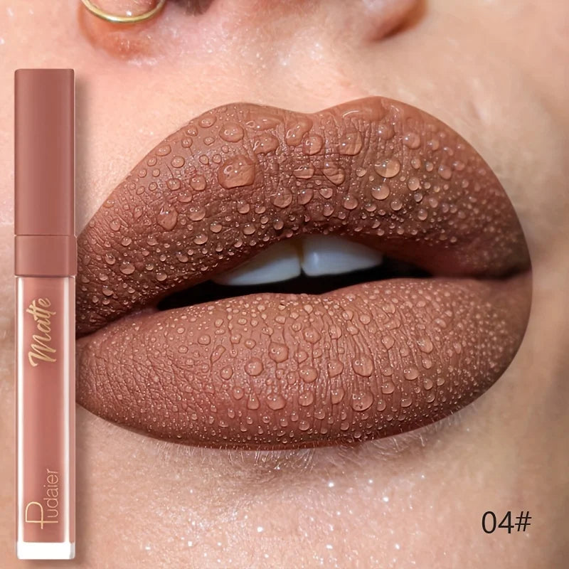 Pudaier Velvet Lip Glaze Matte Finish Deep Brown with Golden Accents Long-Lasting Waterproof Smudgeproof Lightweight Lip Stain