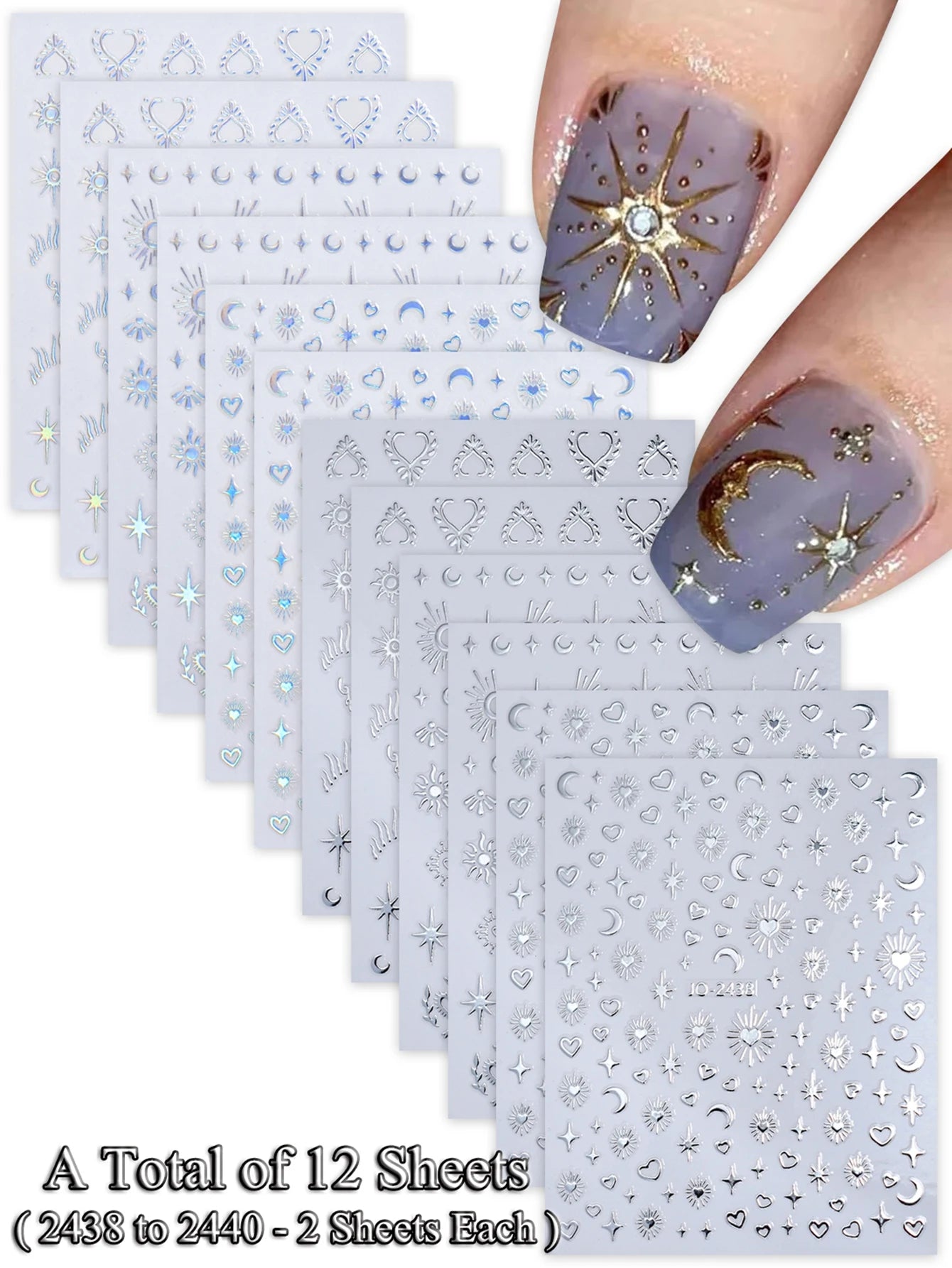 6/12 Sheets Gold & Silver Star, Moon & Heart Nail Stickers, Self-Adhesive 3D Nail Art Decals for DIY Manicure Decoration