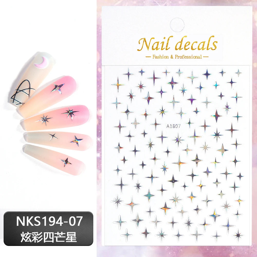3D Gold Silver Star Nail Art Stickers Black White Crescent Moon Decals Self Adhesive Slider Polish Stickers Manicure Decoration
