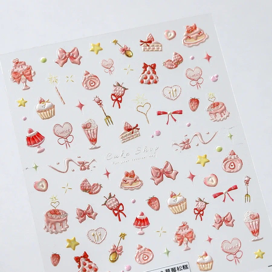 Nail Art Stickers Cute Manicure Decals Lovely Strawberry Muffin Cream Cake Ice Cream Bowknot 5D Embossed Reliefs Self Adhesive