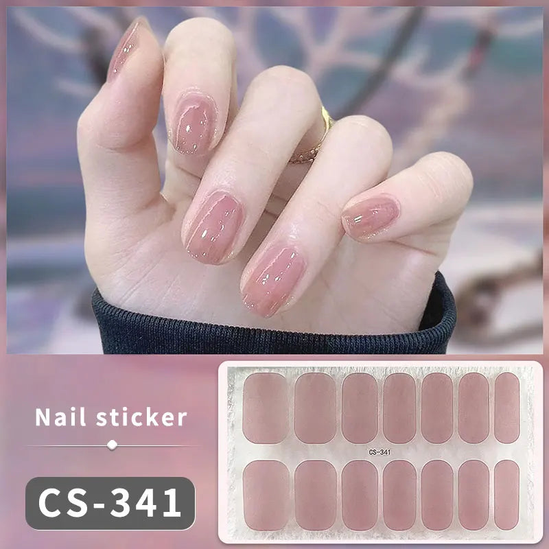 Pink Glitter Design Baking-free Nail Stickers French Style Solid Color Adhesive Full Cover Nail Strip Slider DIY Manicure Decals