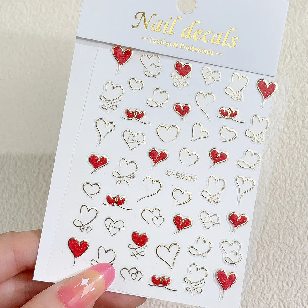 3D Valentine' s Day Love Heart Nail Art Sticker Red White Cross Stars Self-Adhesive Nail Decals 8*10cm Kawaii Heart Nail Sticker