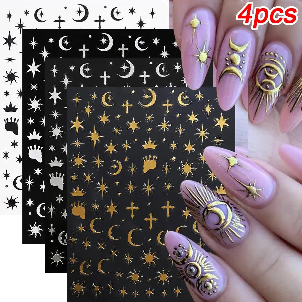 3D Gold/ Silver Star/Sun/Moon Bronzing Nail Art Sticker Laser Star Moon Styles Nail Decal Gold Silver Self-Adhesive Slider 1Pcs