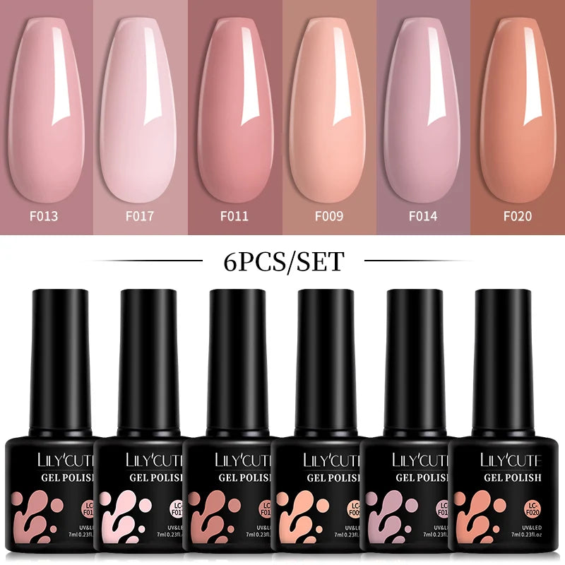 LILYCUE 6Pcs/Set Red Nude Glitter Gel Nail Polish Gorgeous Full Coverage Soak Off UV Gel Nail Art Base Top Coat Gel Polish Kits