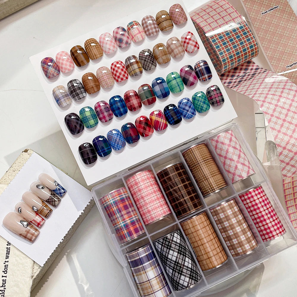 Kaniu 10Rolls Artistic Plaid Nail Transfer Foils Sweet Bohemian Nail Stickers Metallic Decals Manicure Design Fashion Nail Art