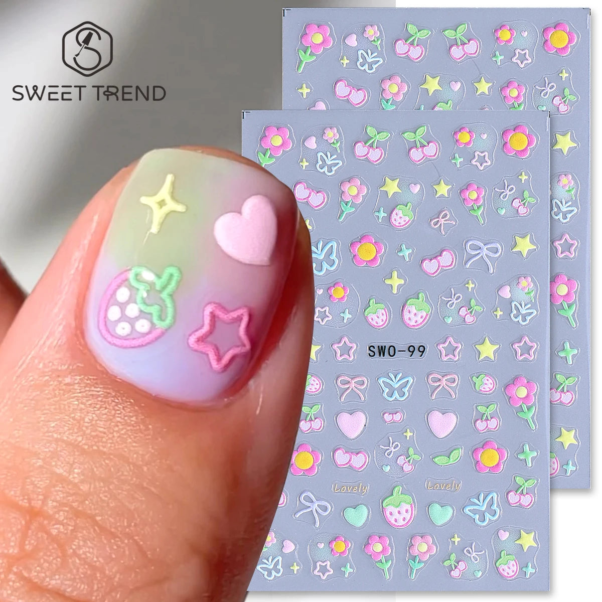 2pcs Sweet Element Nail Art Stickers Simple Flower Heart Cherry Strawberry Kawaii Decals Colorful Bow Butterfly Manicure Sliders