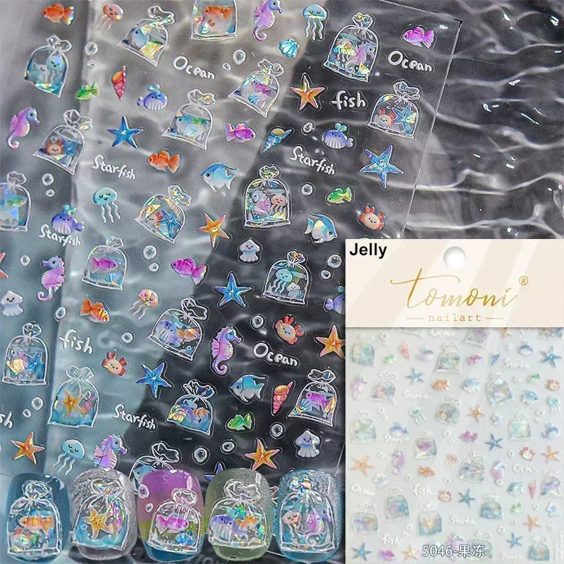 Sea Wave Jellyfish Starfish Conch Shell Dolphin Pearl Summer Beach Goldfish Water Bubble Mermaid Koi INS Nail Art Stickers Decal