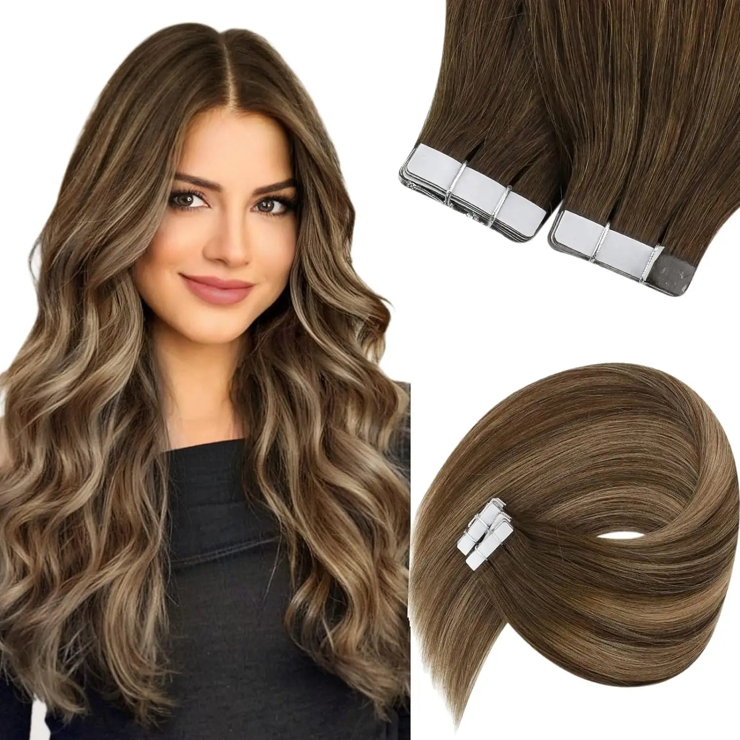 [NEW]VeSunny Tape In Hair Extensions Human Hair Real Natural Hair Balayage Color #4-14-60 Skin Weft Straight Seamless Hair