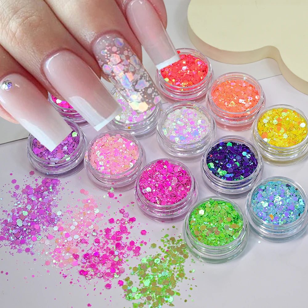 12Pcs Iridescent Nail Art Glitter Sequins Holographic Mix Hexagon Chunky Flakes DIYGel Polish Crafts Manicure Decorations Powder