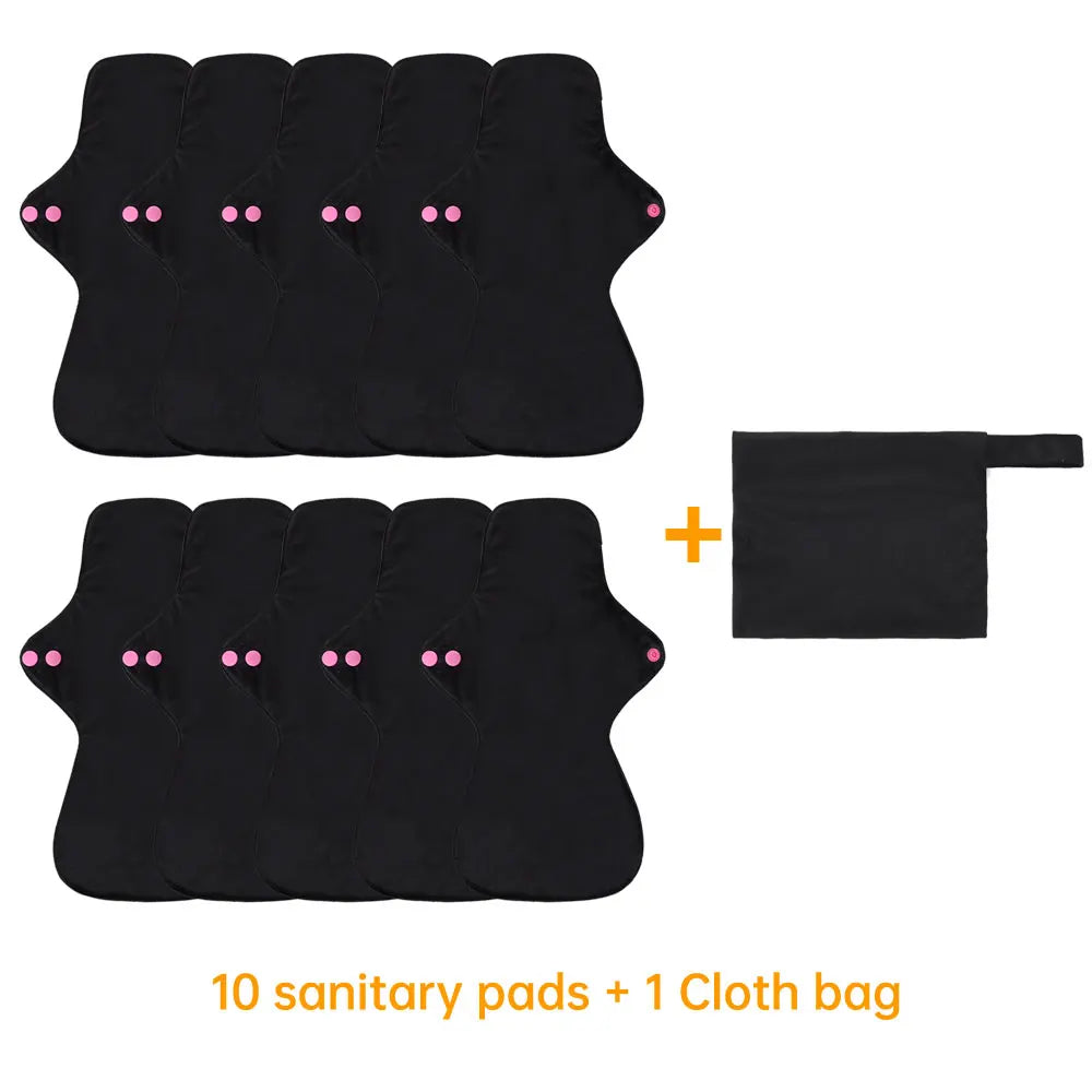 Reusable Pads Set 4 Sizes for Choice Pure Black Reusable Menstrual Pads Super Absorbent Sanitary Napkins.