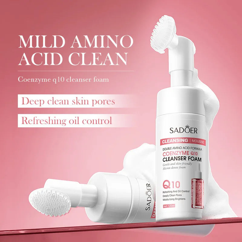 SAODER Q10 Vitamin C Facial Cleanser Face Wash Foam Anti Wrinkle Cleansing Mossee Moisturizing Brightening Facial Skin Care