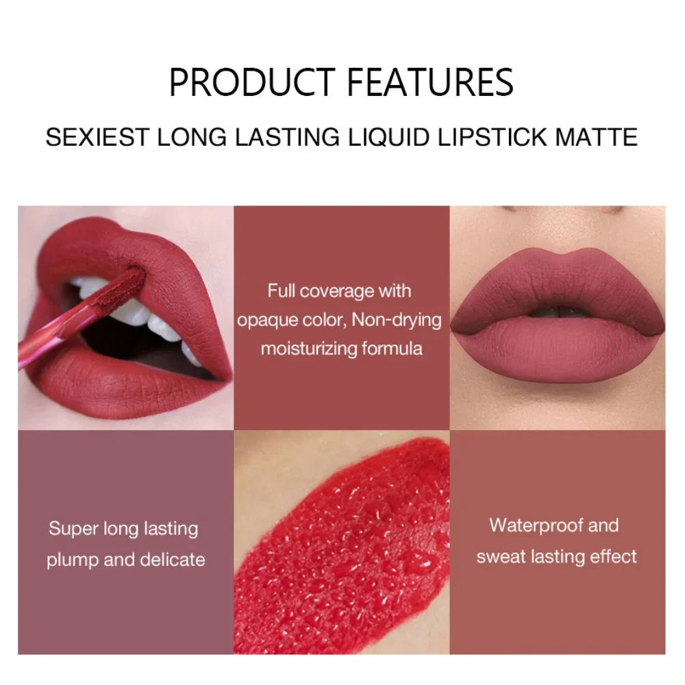 Long-Lasting Velvet Matte Lip Gloss – Liquid Lipstick, Red Lip Makeup for Women, Waterproof, Moisturizing Lip Gloss
