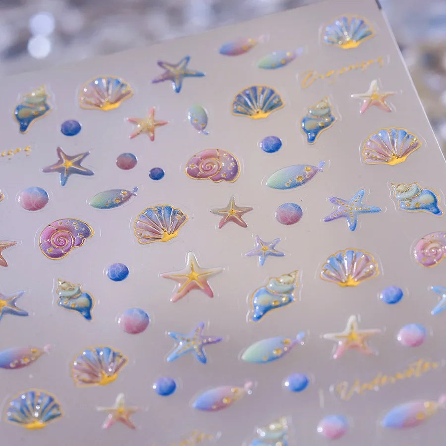 Sea Wave Jellyfish Starfish Conch Shell Dolphin Pearl Summer Beach Goldfish Water Bubble Mermaid Koi INS Nail Art Stickers Decal