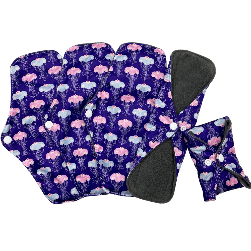 reusable sanitary pads for women daily periods, bamboo charcoal washable sanitary napkins,absorbent printed menstrual pads 5pcs