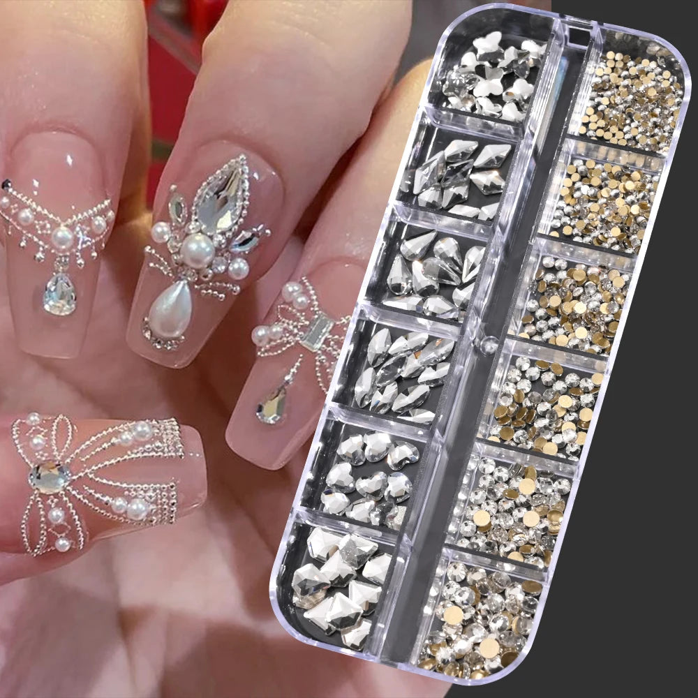 12Grids Pink Mixed Nail Rhinestones Luxury Nail Charms Glitter Crystal Jewelry Gems Nail Art Decoration DIY Manicure Rhinestones