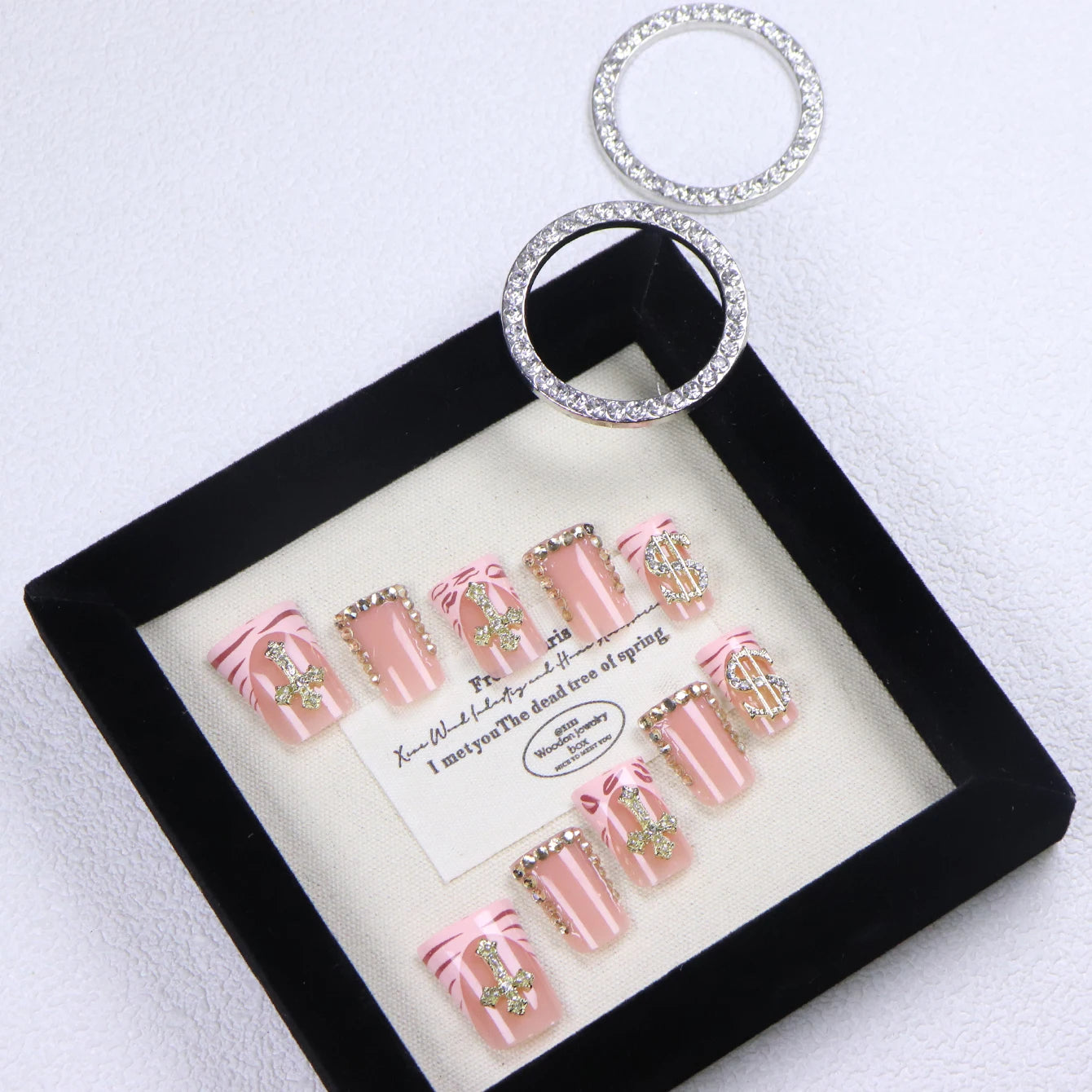 10PCS Diamond French Pointed Nail Short Square Nail Nude Fake Nail With Gold Glitter Diamond Nail Leopard Print Fake Nail