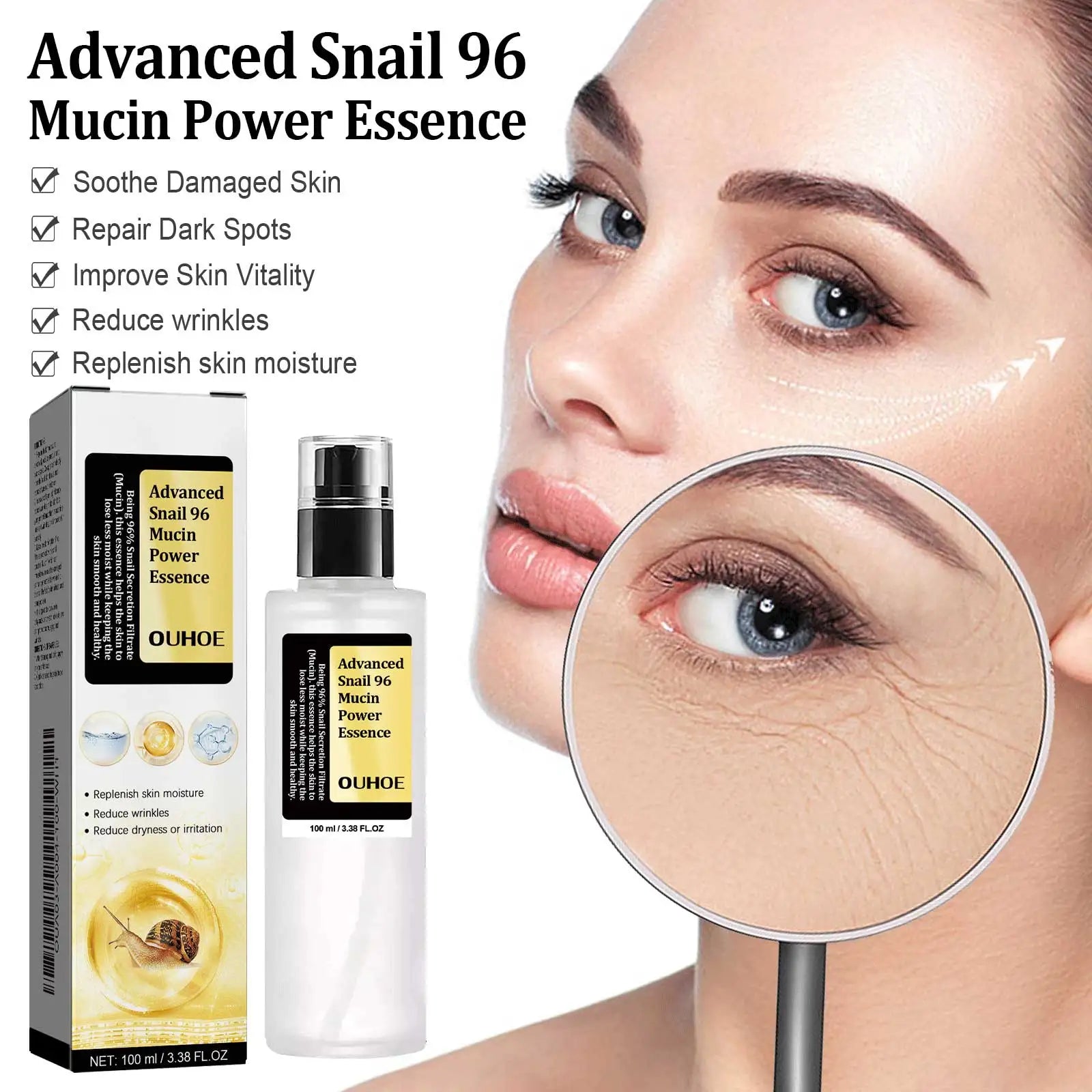 Snail Mucin Peptide Essence,Hyaluronic Acid Skin Repair Serum,Lightens Wrinkles And Dark Spots,Face Moisturizing and Hydrating