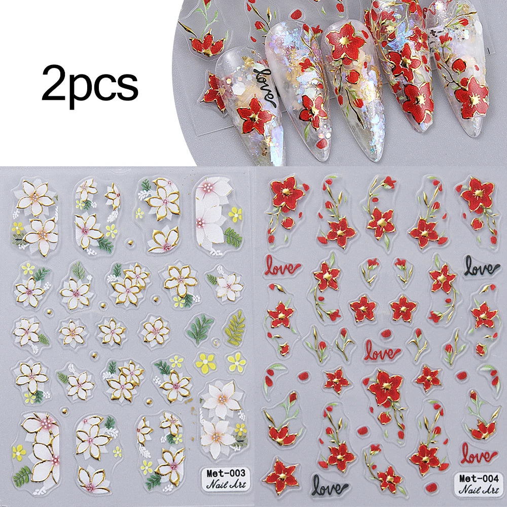 1-2pcs Gold Line Cherry Blossom 3D Nail Art Stickers Spring Peach Flowers Daisy Flowers Gold Leaves Nail Decals For DIY Manicure