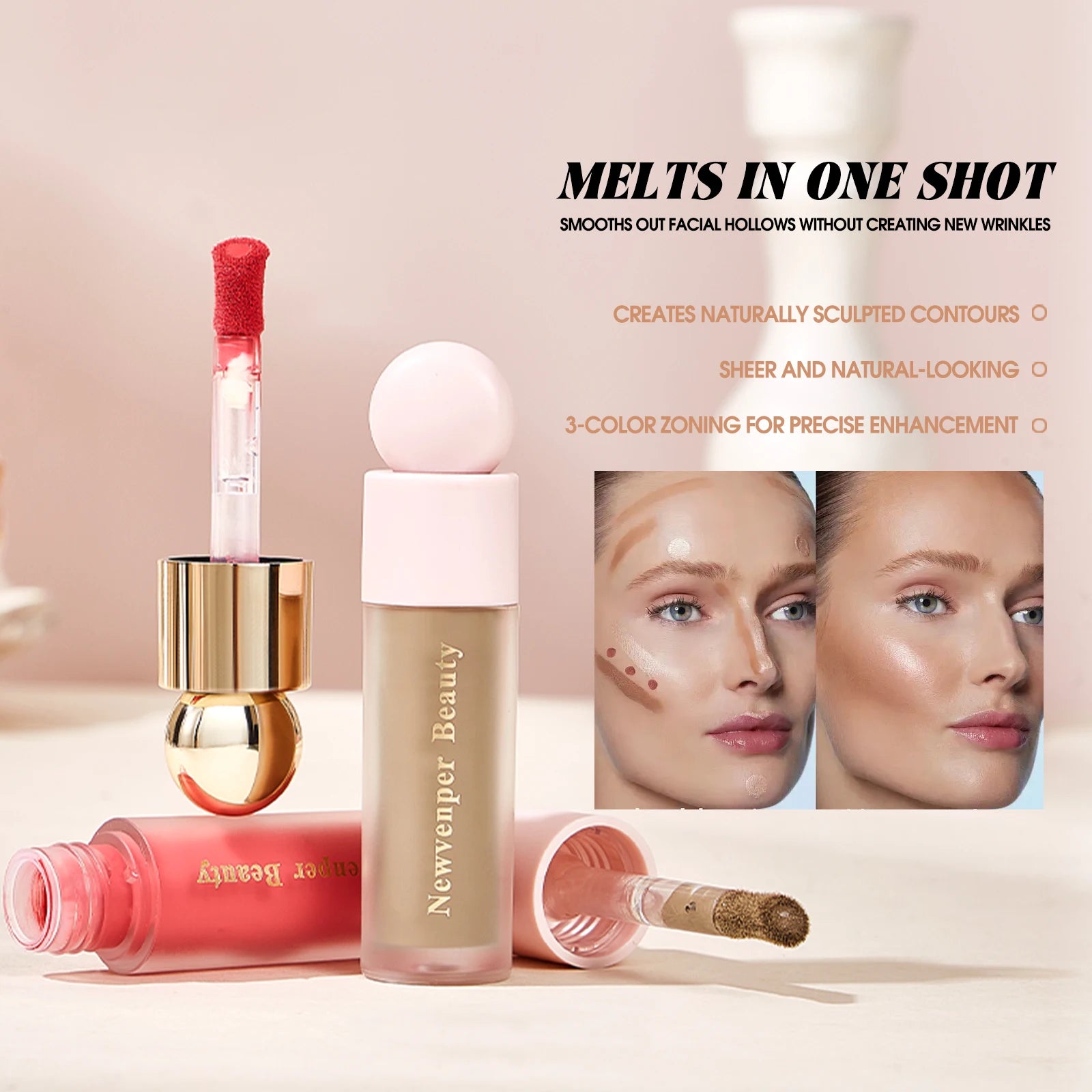 Liquid Highlighter+Blush+Contour Stick Set for Face & Body Silky Natural Glow Liquid Luminizer Matte Pink Shadow Face Makeup