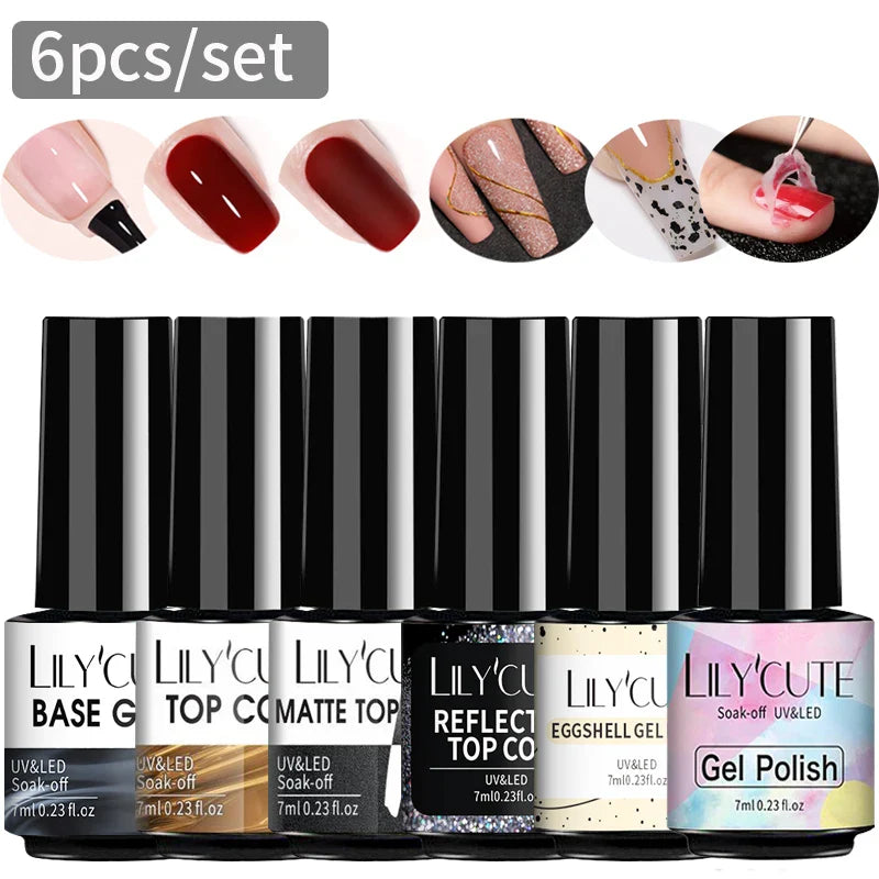 LILYCUE 6Pcs/Set Red Nude Glitter Gel Nail Polish Gorgeous Full Coverage Soak Off UV Gel Nail Art Base Top Coat Gel Polish Kits