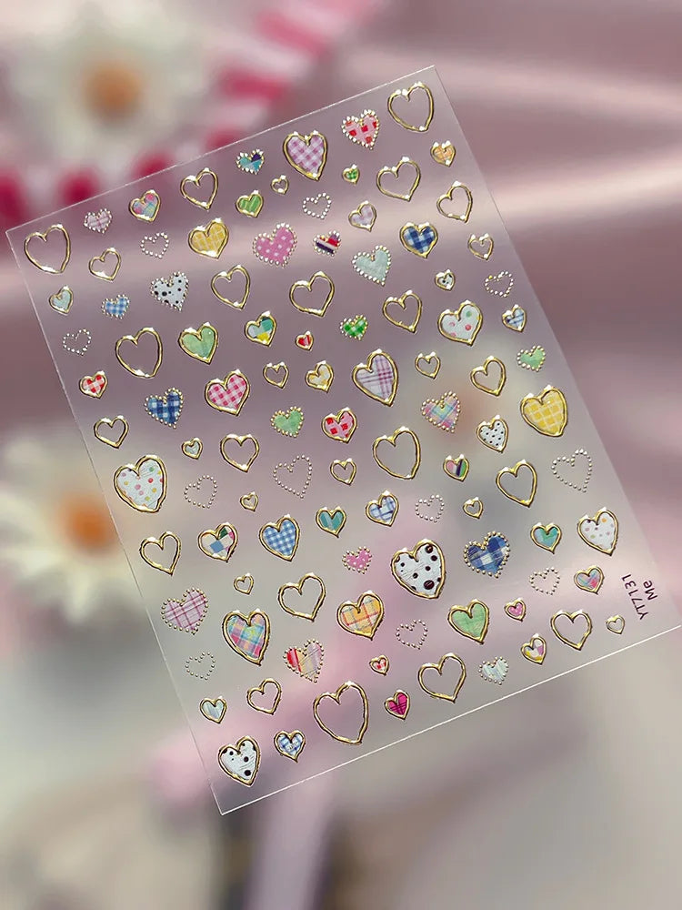 Silver-embossed Heart-shaped Nail Stickers Valentine's Day Colorful Checkered Nails Art Sticker Decorations DIY 3D Nails Decals