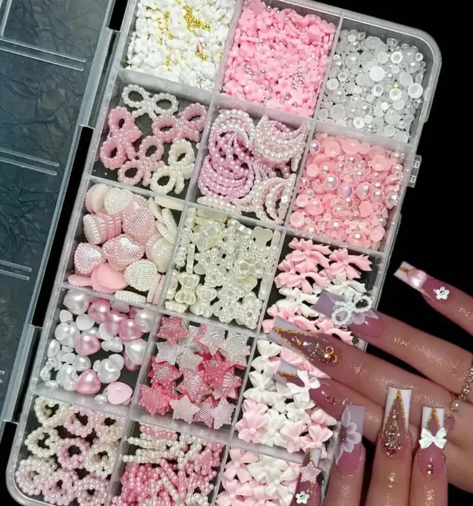 1 Box Pink White Series Bow Heart Nail Charms 3D Arcylic Nail Art Decorations Pearl 5-petal Flower Jewelry Manicure Accessories*