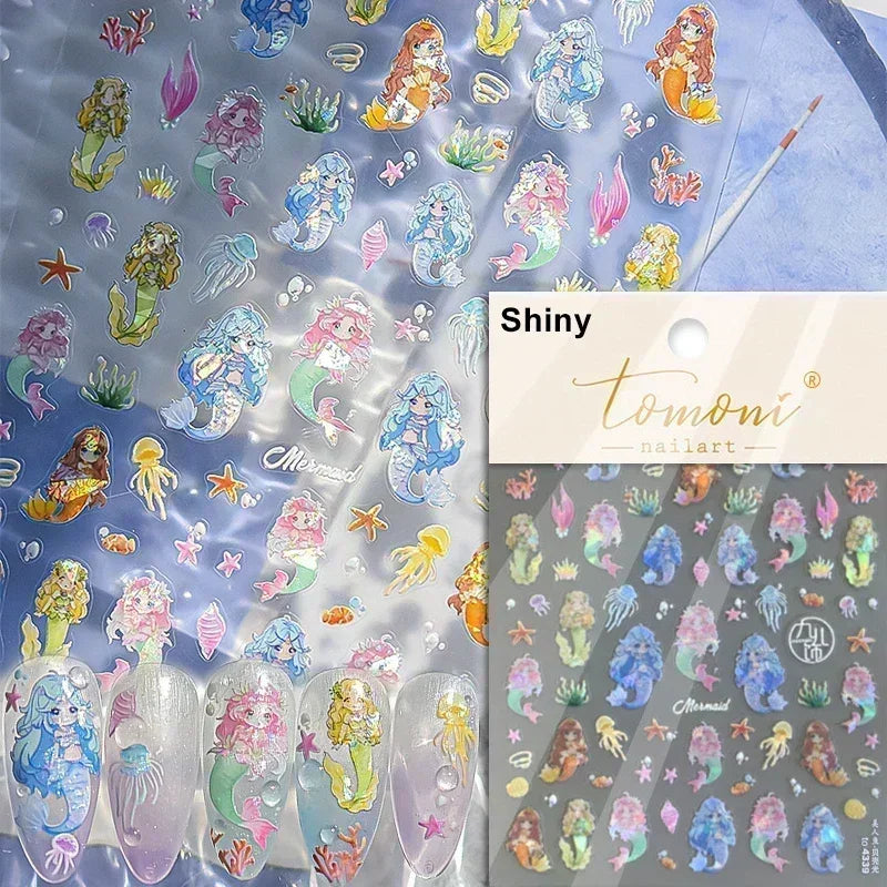 Sea Wave Jellyfish Starfish Conch Shell Dolphin Pearl Summer Beach Goldfish Water Bubble Mermaid Koi INS Nail Art Stickers Decal