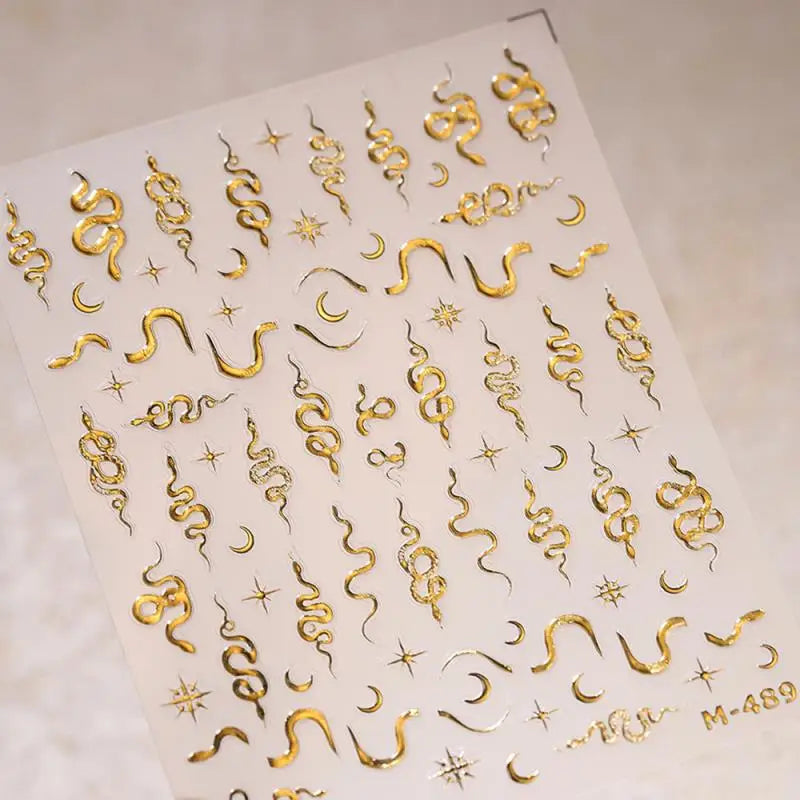 Gold Silver Snake Stars Nail Stickers for Nail Decoation Decals 5D Self-Adhesive Bronzing Stars Moon Totem DIY Supplies Slider