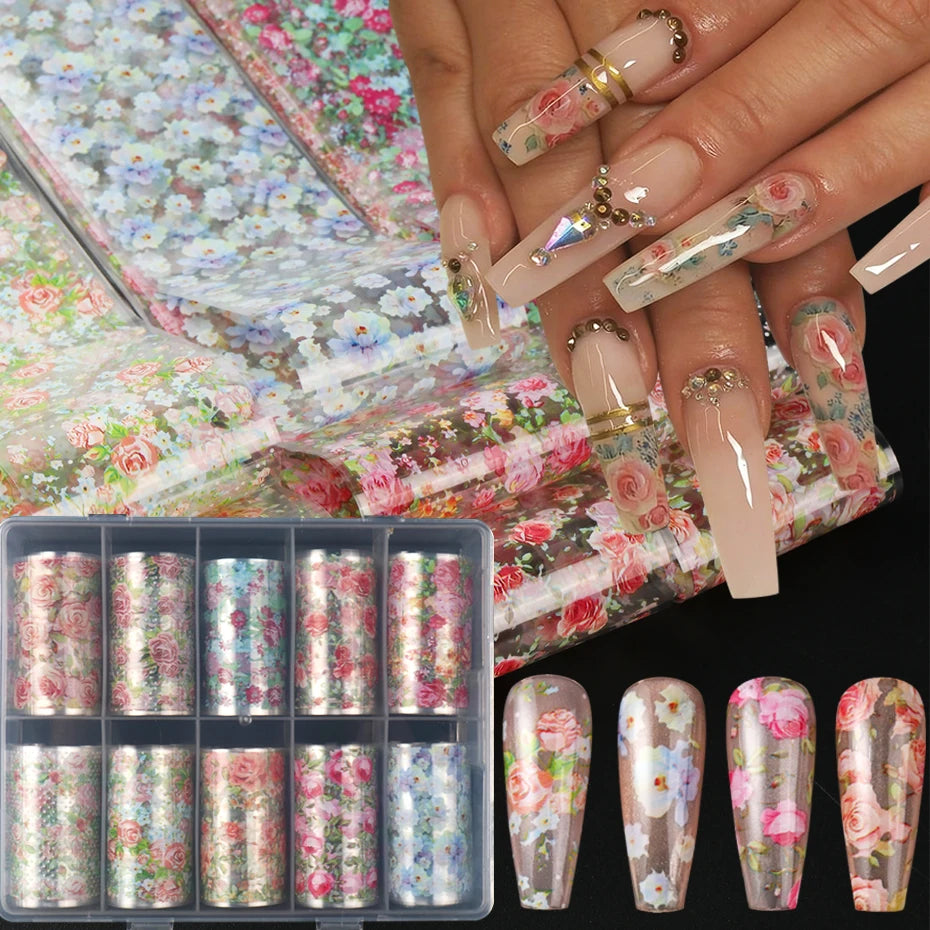 10 Rolls Rose Flower Nail Foil Transfer Sticker Colorful Rose Lace Elegant Design Floral for Spring Wedding DIY Nail Decoration