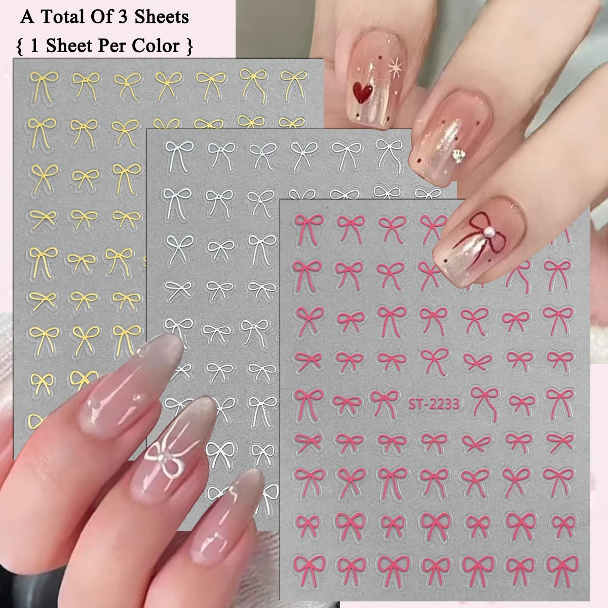2 to 30 Sheets 3D Bow Nail Art Stickers, Mini Ribbon Outline Decals, Transparent Self-Adhesive Cute Design for DIY Manicure