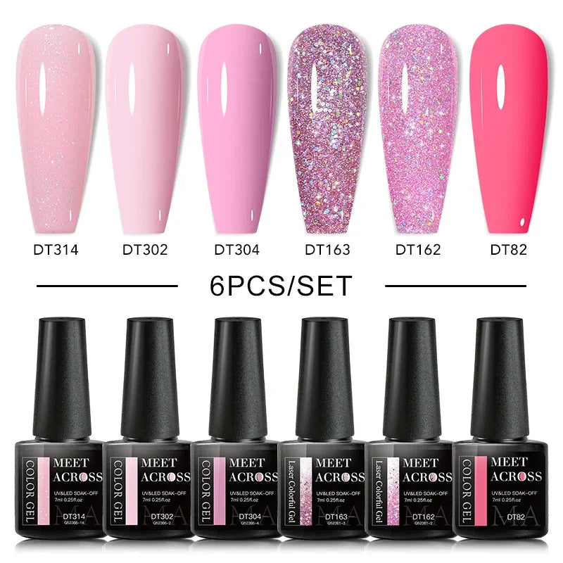 MEET ACROSS 6Pcs Gel Nail Polish Set Pink Red Green Macaron Color Manicure Kit For Nails UV Gel Nail Art Varnish Nail Supplies