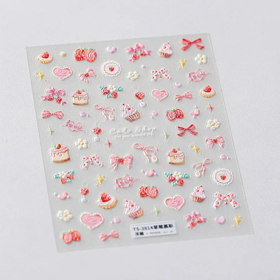 Nail Art Stickers Cute Manicure Decals Lovely Strawberry Muffin Cream Cake Ice Cream Bowknot 5D Embossed Reliefs Self Adhesive