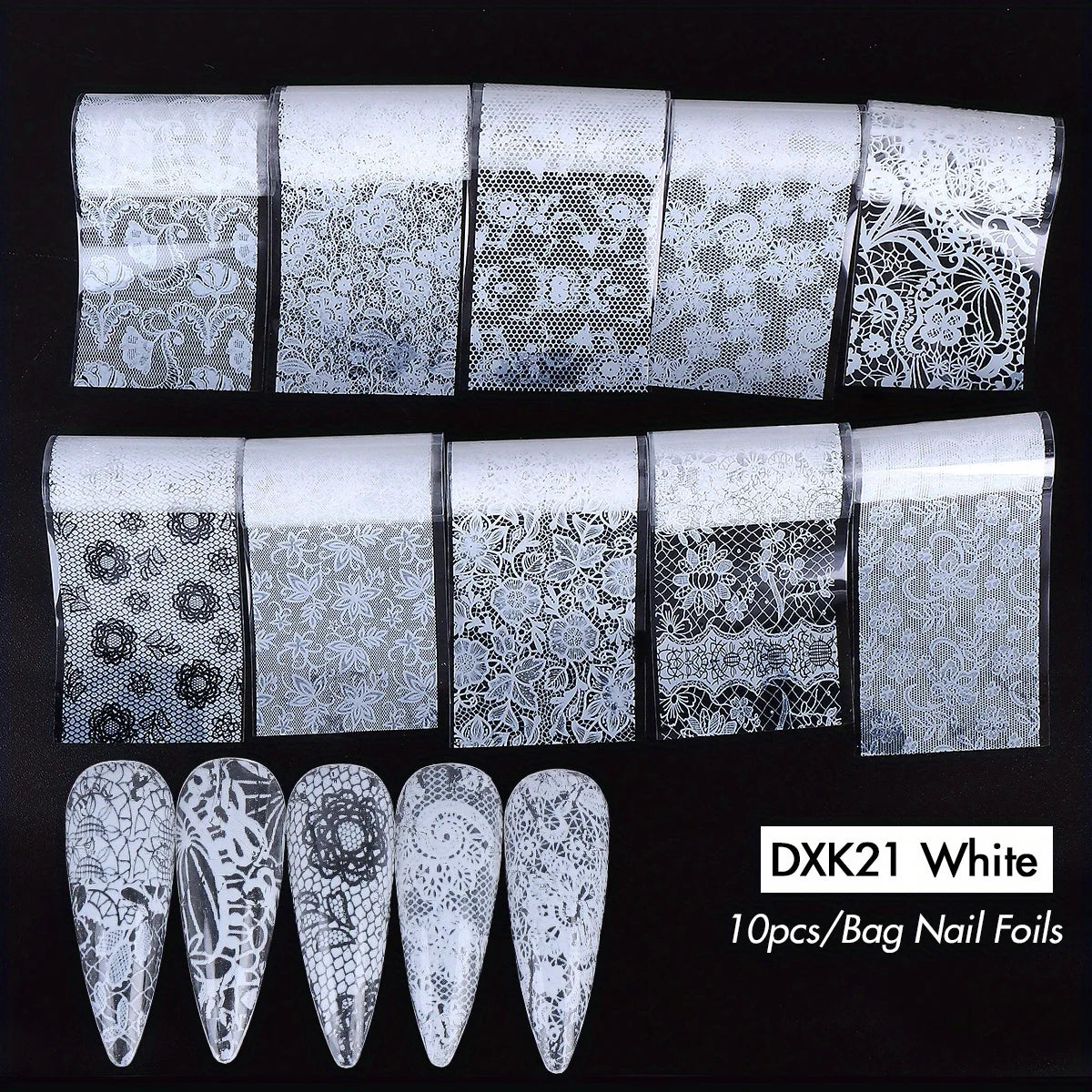 10/20pcs Elegant Black White Lace Flowers Nail Transfer Foils Fantasy Retro Floral Starry Sky Paper Sticker Manicure Accessories