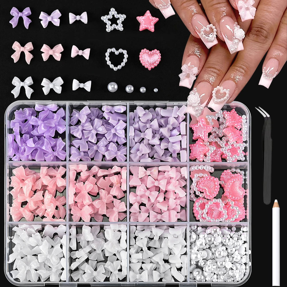 1 Box Pink White Series Bow Heart Nail Charms 3D Arcylic Nail Art Decorations Pearl 5-petal Flower Jewelry Manicure Accessories*