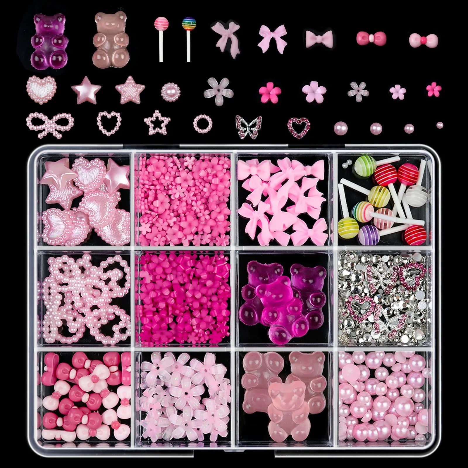 1 Box Pink White Series Bow Heart Nail Charms 3D Arcylic Nail Art Decorations Pearl 5-petal Flower Jewelry Manicure Accessories*